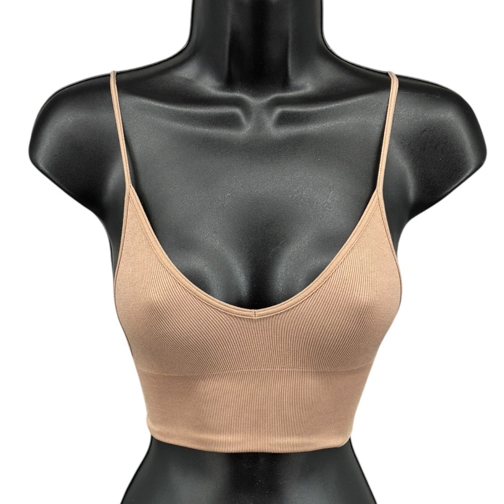 Aritzia Talula Beige Ribbed Seamless Bralette Crop Cami Adjustable Straps XS